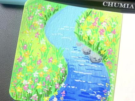 今天画超好看的河边小溪~#丙烯画 #丙烯马克笔 #跟着抖音学画画 #抖加小助手 #抖加热门 临摹@画个圆圈