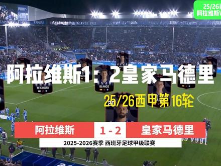 阿拉维斯1:2皇家马德里 北京时间2025年12月15日4点西班牙足球甲级联赛第16轮,阿拉维斯主场对阵皇家马德里。