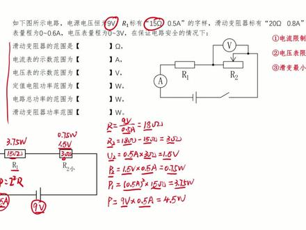 初中中考九年级物理电学电路滑动变阻器极值取值范围问题 #初中物理#中考物理#九年级物理#初中物理电学#极值范围
