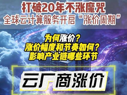 打破20年不涨魔咒 全球云计算服务开启“涨价周期” 为何涨价?
涨价幅度和节奏如何?
影响产业链哪些环节#云计算 #云厂商 #涨价