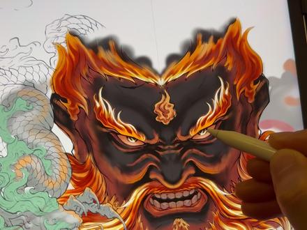 新传统纹身火神|第二版·来自新加坡的承载者 很多人不理解我到底是怎么设计的,以后每一幅作品我都会出一条视频分享,给大家介绍我的创作思路和一些我对新传统的理解🙏🏼 #新传统纹身 #纹身师日常 #纹身设计 #纹身手稿