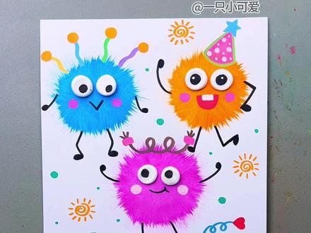小牙刷和颜料就可以画一幅简单有趣的小怪兽创意画啦。#彩笔绘画教程 #创意画 #可爱画笔画