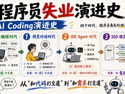 AI Coding 演进史:程序员失业的四个阶段 古法时代,和代码打交道。
对话时代,和 AI 打交道。
Agent 时代,和 AI 一起和代码打交道。
而 SDD 时代:
开始和“需求”打交道,
AI 和代码打交道。
#AI #Coding #Claude #CodeX #程序员编程