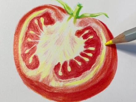教你用彩铅画半块儿酸酸甜甜的西红柿 #跟着抖音学画画#艺术在抖音 #彩铅水果 #画画 #春天的色彩