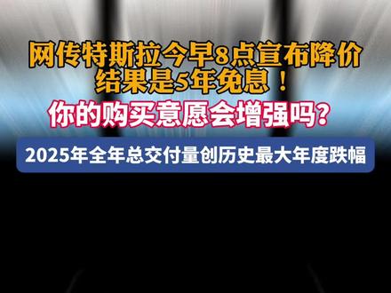 网传特斯拉今早8点宣布降价 结果是5年免息!你的购买意愿会增强吗?