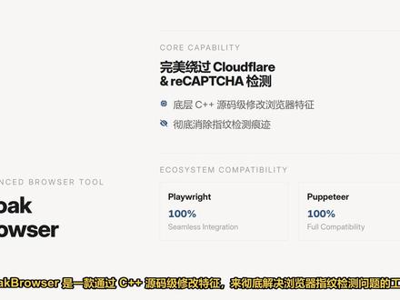 CloakBrowser指纹绕过与自动化实战 本视频深入解析CloakBrowser底层原理,展示如何通过源码级修改实现浏览器指纹伪装。涵盖Playwright/Puppeteer零成本迁移、AI Agent结合CDP端口绕过验证码,以及Docker部署可视化管理系统的全场景实战方案。#CloakBrowser #浏览器指纹 #自动化测试 #Playwright #AIAgent