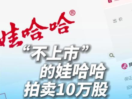 “不上市”的娃哈哈拍卖10万股 #娃哈哈拍卖10万股 #娃哈哈 #娃哈哈宗馥莉 近日,浙江娃哈哈实业股份有限公司10万股股份将于12月28日13时起拍。此次娃哈哈实业股份的起拍价格为184万元,折合每股18.4元,参与拍卖需缴纳保证金36.8万元,每次增价幅度为5000元。多年来,娃哈哈频频被传上市,但至今仍无实质动作。在娃哈哈副董事长兼总经理宗馥莉接班后,未来借助融资,甚至走上资本市场都有可能,但目前娃哈哈的股东人数庞大且分散,要登陆A股的难度不小。