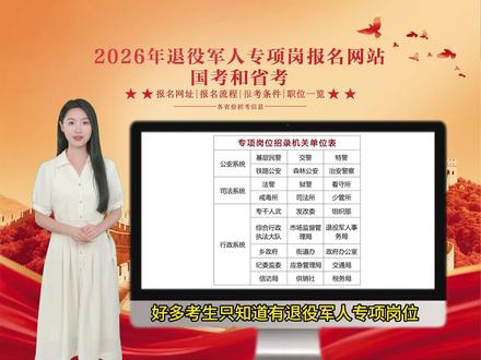 退役军人专项岗位在哪里报名?报名网站是什么?有哪些岗位可报? 退役军人专项岗位在公务员考试中分为国考和省考两种,那么这两种类型的报名网站也是不同的;#退役军人专项 #退役军人专项岗位 #退役军人专项岗 #公务员考试 #退伍不褪色