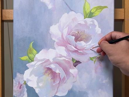 超治愈的桃花丙烯画教程来了 准备材料:30✖️40油画框,大中小号尼龙平头笔,小勾线笔,颜料🎨:白色、粉色、藏青、淡黄、#丙烯画 #手绘 #画画 #绘画教程 #跟着抖音学画画