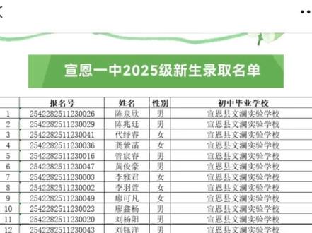 宣恩一中2025级新生录取名单