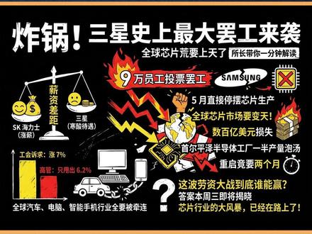 炸锅!三星大罢工要来了,全球芯片彻底慌了! 三星史上最大罢工来袭,全球芯片荒要上天了,所长带你一分钟解读
全球芯片市场要变天!三星电子爆劳资大战,9 万员工投票罢工,一旦通过 5 月直接停摆芯片生产,这波操作直接给本就紧张的全球芯片供应捅了个大窟窿!
作为全球存储芯片龙头,三星这波罢工来势汹汹。长达八个月的薪酬谈判彻底谈崩,9 万工会成员全员参与投票,本周三即将揭晓结果。一旦罢工落地,5 月 2 日起连罢 18 天,首尔平泽半导体工厂一半产量要泡汤,生产线停工后重启竟要两个月,数百亿美元损失板上钉钉,客户信任更是数年难恢复!
#三星 #海力士 #存储芯片 #内存 #硬盘