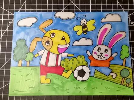 #十字构图绘画教学#每天免费学画画 #一起学画画 《小狗和兔子踢足球》