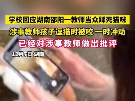 学校回应湖南邵阳一教师当众踩死猫咪 涉事教师孩子逗猫时 被咬 一时冲动 已经对涉事教师做出批评(黄)#湖南 #虐猫