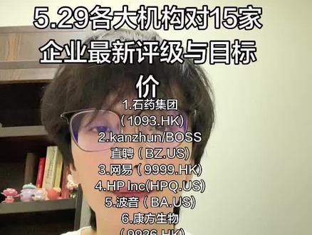 5.29各大机构对15家企业最新评级与目标价 #真实生活分享计划 #股票 #小米 #石药集团 #三星电子
免责声明:以上内容基于机构研究报告摘要,仅供参考,不构成投资建议。投资决策请自行判断。
1.石药集团(1093.香港)
2.kanzhun/BOSS直聘(BZ.US)
3.网易(9999.香港)
4.HP lnc(HPQ.US)
5.波音(BA.US)
6.康方生物(9926.香港)
7.小米(1810.香港)
8.GXO logistics(GXO.US)
9.三星电机(009150.KS)
10.颖崴(6515.TT)
11.矽力杰(6415.TT)
12.景硕(3189.TT)
13.南电(8046.TT)
14.欣兴(3037.TT)
15.kingfisher(KGF.L)
