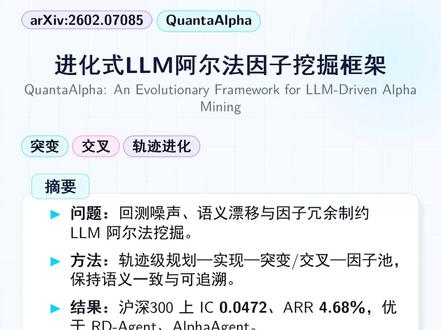 【论文分享】QuantaAlpha进化框架 这篇论文《QuantaAlpha: An Evolutionary Framework for LLM-Driven Alpha Mining (2026)》提出了一种用大模型挖掘量化因子的新方法。
1️⃣ 解决了啥问题?
传统AI挖因子容易“跑偏”、不可控、探索范围窄。这篇论文想更稳、更可信地自动化挖因子。
2️⃣ 核心方法:轨迹进化
把一次完整的因子生成与回测过程看作一条“轨迹”。
✅ 突变:定位轨迹中失败的关键步骤,只重写这里,精准修正。
✅ 交叉:把不同成功轨迹里的优秀片段(如有效假设)组合起来,创造新因子。
像生物进化一样,结合了微调和优势重组。
⚠️ 风险提示:所有内容仅为方法研究与分享,不构成任何投资建议。
#量化学习 #配对交易 #统计套利 #量化 #量化交易