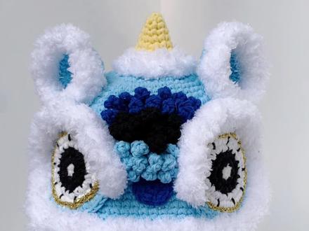 手工毛线醒狮帽子毛绒边钩织方法、宝宝出生周岁送礼虎头帽国潮