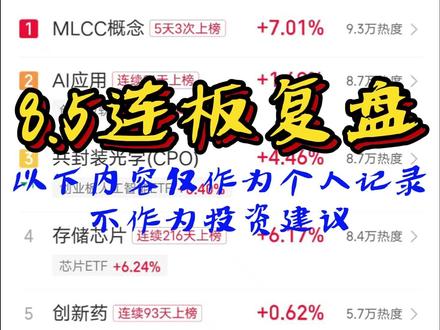 8.5连板复盘 以下内容仅作为个人记录,不作为投资建议。#短线交易