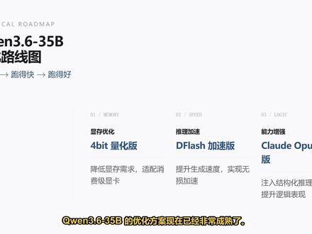 Qwen3.6-35B量化方案选择 针对显存、速度与推理能力,深度对比Qwen3.6-35B的量化版、DFlash加速版及Claude Opus蒸馏版方案。#Qwen3635B #LLM优化 #vLLM #量化技术 #AI推理加速