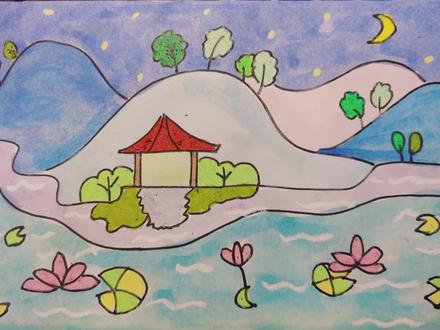 好久没有去公园啦,现在晚上,来一个公园的夜晚!#儿童画 #亭子 #卡通画教程 #公园风景