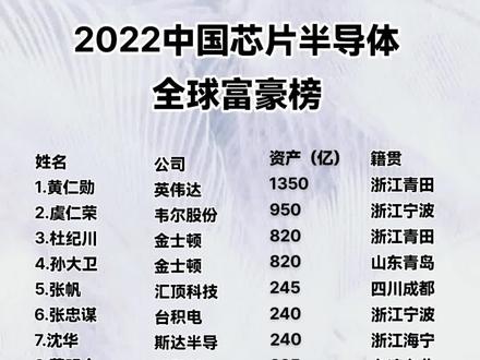 2022中国芯片半导体全球富豪榜