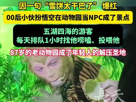 因一句“雪饼太干巴了” 爆红!00后小伙扮悟空在动物园当NPC成了景点,五湖四海的游客每天排队1小时找他唠嗑、投喂他,87岁的老动物园成了年轻人的解压圣地!#NPC #悟空 #雪饼猴 #动物园