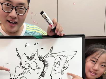 女儿随便画几笔,爸爸画成一幅画! #亲子画画 #陪伴孩子的美好时光 #白板画 #画画过程#随地大小画