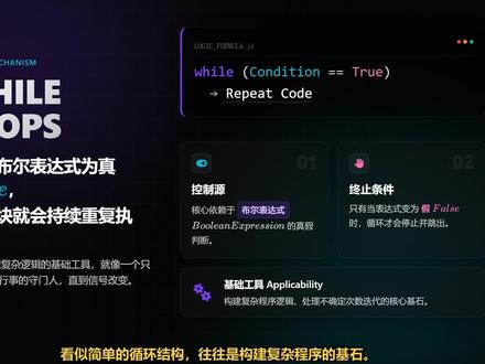 Python入门必修:彻底搞懂While循环逻辑与死循环避坑 为什么说While循环是处理未知次数任务的唯一选择?本期视频深入解析Python循环结构,从基础语法到APP登录功能实战。重点讲解如何设置迭代器、利用len函数控制边界,以及新手最容易忽视的致命错误——无限循环(死循环)的成因与解决方案。最后带你了解模块导入机制,为下一集进阶铺路。#While循环 #Python #编程基础 #死循环 #程序员