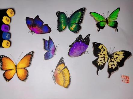 三支马克笔+勾线笔画出好看的蝴蝶,同色系由浅至深叠加#马克笔绘画 #零基础学画画