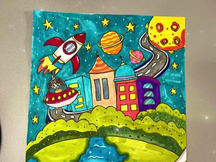 来画科技画未来城市,梦想家园既环保,科技又发达#科幻画 #儿童画 #主题画 #艺术启蒙 #零基础学画画