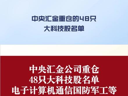 中央汇金重仓的48只大科技股名单 第一、电子行业股有立讯精密,依顿电子、佛山照明、深圳华强,海洋王、超声电子、阳光照明,
第二、计算机行业股有石基信息,海康威视、新大陆,
第三、通信行业股有中兴通讯,星网锐捷、中天科技,
第四、国防军工行业股有中国重工,北方导航、中光学、奥普光电,
第五、医药生物股有江中药业、昆药集团,中国医药、华北制药、永安药业,中恒集团,达安基因、信立泰、长春高新、嘉事堂,康缘药业、迪瑞医疗、海欣股份、云南白药,
第六、电力设备行业股有长高电新,隆基绿能、国电南瑞、
第七、机械设备股有软控股份、巨力索具,三一重工、中国中车、中铁工业、广日股份,
第八、基础化工行业股有联化科技,北化股份、佛塑科技、同大股份,
第九、环保行业股有重庆水务,创业环保、中山公用、兴蓉环境,#中央汇金 #十大股东 #股票知识 #股民 #股民交流
