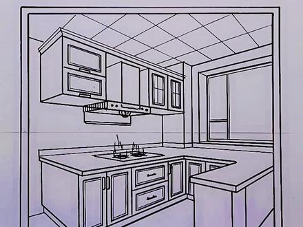 正能量二点透视u型橱柜布局图室内手绘施工图深化手绘