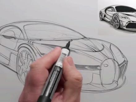 设计师手绘布加迪,线稿图画的太精准了
