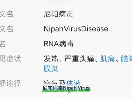 尼帕病毒(Nipah Virus),该病毒在马来西亚首次发现,此后孟加拉国、印度爆发疫情。#病毒又来了
