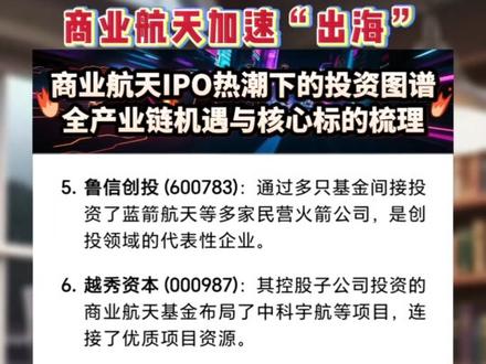 商业航天IPO热潮下的投资图谱:全产业链机遇与核心标的梳理
近期,国内外商业航天领域迎来IPO热潮。SpaceX计划以超高估值推进IPO,而国内头部企业如蓝箭航天、天兵科技、中科宇航等也密集启动上市辅导,产业进入规模化、资本化新阶段。这一趋势由政策红利(如科创板第五套标准放宽盈利限制)、技术突破(如朱雀三号实现可回收火箭轨道级发射)及卫星组网需求(如“千帆星座”计划)共同催化。市场中,与商业航天产业链紧密相关的上市公司迎来发展机遇,其投资逻辑主要围绕三大主线:
1. 直接参股方:通过投资头部商业航天企业,共享其IPO带来的股权增值收益,如金风科技(直接持股蓝箭航天)、张江高科(参股基金投资)等。
2. 核心供应商:为火箭、卫星制造提供关键材料、零部件或服务,受益于发射需求增长,如斯瑞新材(火箭发动机材料)、派克新材(箭体结构件)、高华科技(航天传感器)等。
3. 产业链延伸:卫星互联网组网带动下游应用(如通信、遥感)需求,利好卫星制造、运营及终端设备企业,如中国卫星(卫星制造龙头)、中国卫通(卫星运营)、海格通信(通信终端)等。
此外,政策层面持续加码(如国家设立商业航天司),产业规模预计突破万亿,但需关注技术迭代风险与商业落地能力。整体来看,商业航天正从“技术验证”迈向“产业落地”,相关标的迎来系统性机会。