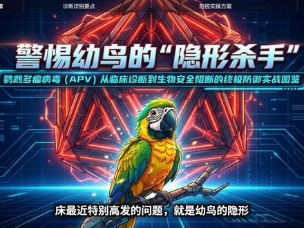 鹦鹉APV:酒精无效!幼鸟死亡率可达100% 鹦鹉多瘤病毒(APV)是14-56天龄幼鸟的隐形杀手,死亡率30%-100%!感染后48小时内急剧恶化,幸存者可能出现“法国换羽”——终生飞羽残疾,无法飞行。最可怕的是:70%酒精和洗必泰对APV完全无效!必须用二氧化氯、过硫酸氢钾这类强氧化剂。防空气传播要HEPA过滤+正压育雏室。种鸟要打疫苗,新鸟隔离90天、双次PCR+血清学检测阴性才能入群。本视频仅供科普学习参考,不构成个性化诊疗建议。临床决策请结合临床实际情况、药敏结果及最新版药品说明书。#好兽医修炼日记 #鹦鹉APV #鹦鹉多瘤病毒 #鸟类生物安全