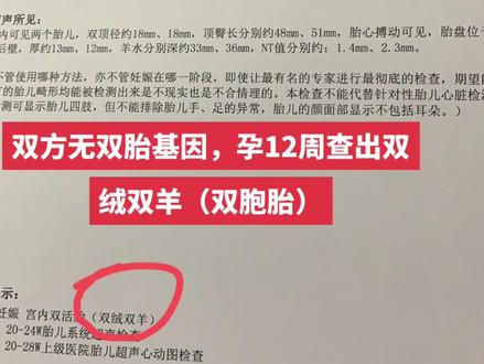 双方家庭无双胎基因,孕12周查出双绒双羊双胞胎,这就是老天给我们最好的礼物。姐们们快来接好孕吧!#双绒双羊双胞胎 #一个身体三个心跳#接好yun