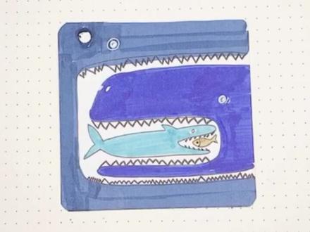 涂鸦咯:大鱼吃小鱼,练习线条的流畅度认知大小关系,3~7岁宝宝!#画画 #育儿简笔画