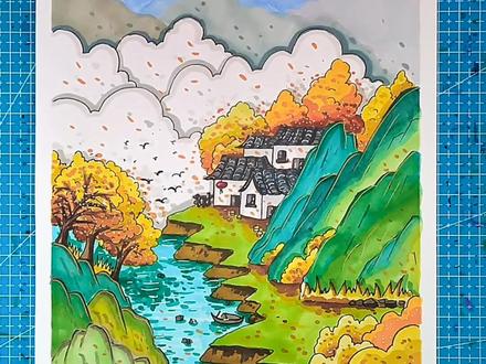 国风马克笔系列诗配画『山居秋暝』弘扬国风正能量,绘制大美河山#原创插画 #跟着抖音学画画 #诗配画