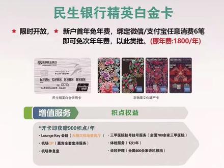 民生银行精英白金卡,限时免年费,权益多多