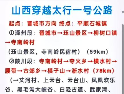 在山西景内南北穿越太行一号旅游公路#这里是山西#旅行推荐官 #国庆出游攻略 #自驾游 #带你看风景 @抖音小助手
从山西景内南北穿越 太行一号公路
主线路:晋城市→珏山景区→柳树口镇→寺南岭村→夺火乡→横水村→腰带→后郊村→古郊村→棋子山→浙水村→福头村→东柏坡→大峡谷执法站→龙尾头村→庄和村→杏城镇三叉口→西湾→东寺头乡→虹梯关乡→石城侯壁村→(长治市)。主要打卡点:珏山景区、寺南岭民宿村、丈河民宿村、凤凰欢乐谷、横水村民宿、(可选→黄围山、黑毛沟、白陉古道丶武家湾)、后郊音乐路、古郊0公里标志处、王莽岭、马武寨、锡崖沟)、松庙、棋子山猪八戒、浙水村、(鹅屋天生桥)、福头村、黑龙潭、壶关太行大峡谷、花壶线(小西天、金灯寺)、(神龙湾挂壁)、天脊山景区、画家村张家凹、龙曲水、虹梯关挂壁、通天峡景区、虹霓村、岳家寨、太行天路、西井山村) 主线全程:233公里