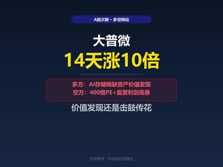 大普微14天涨10倍 泡沫还是价值 大普微上市14天涨超10倍,总市值站上2200亿!多方认为:全栈自研企业级SSD是AI存储稀缺资产,流通盘极小无减持压力,监管也未点名,属于价值发现而非炒作。空方反击:30亿营收5亿净利撑不起400倍PE,上交所密切关注波动股,游资接力围猎一旦精准打击流动性瞬间枯竭,情绪退潮后必是一地鸡毛。再好的资产也经不起10倍狂炒!
#大普微 #AI存储 #次新股 #多空辩论 #10倍股