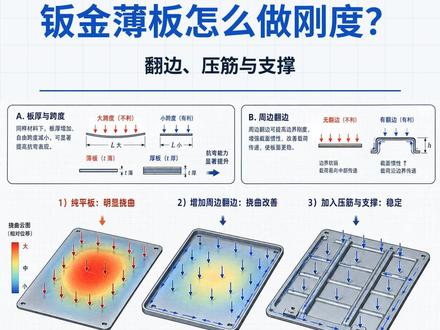 钣金薄板怎么做刚度?翻边、压筋与支撑一次讲清 钣金薄板刚度不足,不能只靠加厚解决。大平面、长跨度、开孔和支撑边界会共同影响挠曲、振动与异响。本期从翻边、压筋方向、孔边补强和固定点布局讲清载荷路径,并通过仿真、样件挠度、振动异响、装配复测和制造可行性复核建立验证闭环。
#结构设计 #产品设计 #钣金设计 #钣金工艺 #机械设计 #DFM #刚度设计
