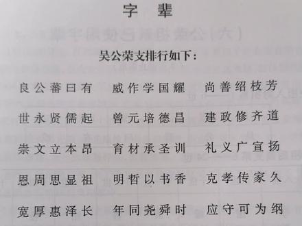 吴姓我支系字辈排行,供后辈子孙改名参考!