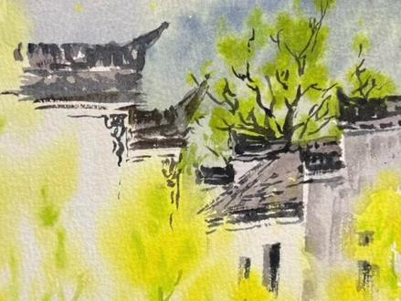 零基础画画教程:油菜花和乡村怎么画? 简单有意境的作品你学会了吗?#零基础学画画 #跟着抖音学画画 #风景绘画教程 #水彩教程 #李老诗的画