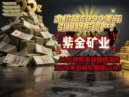 紫金矿业:40亿收购案藏翻倍潜力,2026年目标价剑指45元 主流观点担忧非洲金矿政策风险,却忽视紫金矿业通过收购AlliedGold获得的4座露天金矿具备显著成本优势——当前现货金价已突破5,000美元/盎司,而标的资产综合成本仅1,500美元/盎司,隐含毛利空间达3,500美元/盎司,远超行业均值。#股市最新行情 #股市交流 #股票交流 #股票市场情绪 #黄金股