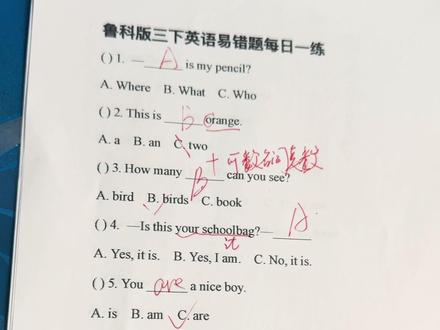 五四制鲁科版三年级下册 英语 易错题 每日一练 讲解视频
视频最后有空白练习题#鲁科版小学英语 #三下英语 #易错题#英语试题