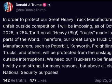 特朗普宣布对进口重型卡车加征25%关税(编辑:大河)