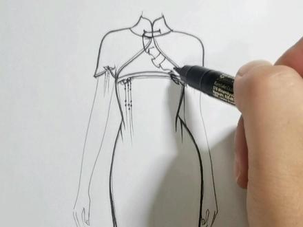 不对称领型旗袍款式画法#手绘 #服装设计手绘