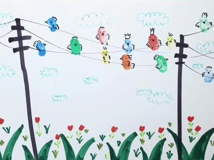 可爱的创意画(电线杆上的鸟群)一起拿出手指点一点,画出来吧#创意美术 #创意 #鸟群