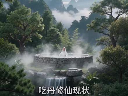 #吃丹修仙现状 配方帮我生成一个视频,在一个5m×10m的温泉里面,旁边有石头围着,视角从远拉近,人物一是一个男生,比较像那种修仙很厉害的,有长长的白胡子,视角拉近的时候配上字幕(吃丹修仙现状),随后那个修仙大佬,躺在那个温泉的边上,一个人从温泉旁边冲过来,视角拉远一点点,那个男生拿着一把AKM突击步枪,并且说 : 大佬带我17阶造化,不然我就一直骚扰你,然后在温泉里面的那个大佬转头跟他说:有没有福卡?,随后那个人拿出了一个比巴掌大一点点的卡片,卡片呈现黄色,中间有一个福字,周围有黑色的花纹。那个在大佬旁边的人说:有,所有都给你。随后大佬拿走之后,直接冲上天,尾随带着一点金色的特效,并且配上音频,跑路了!大佬前面说话的时候声音很稳重,但是他在说跑路了的时候,声音变得特别激动